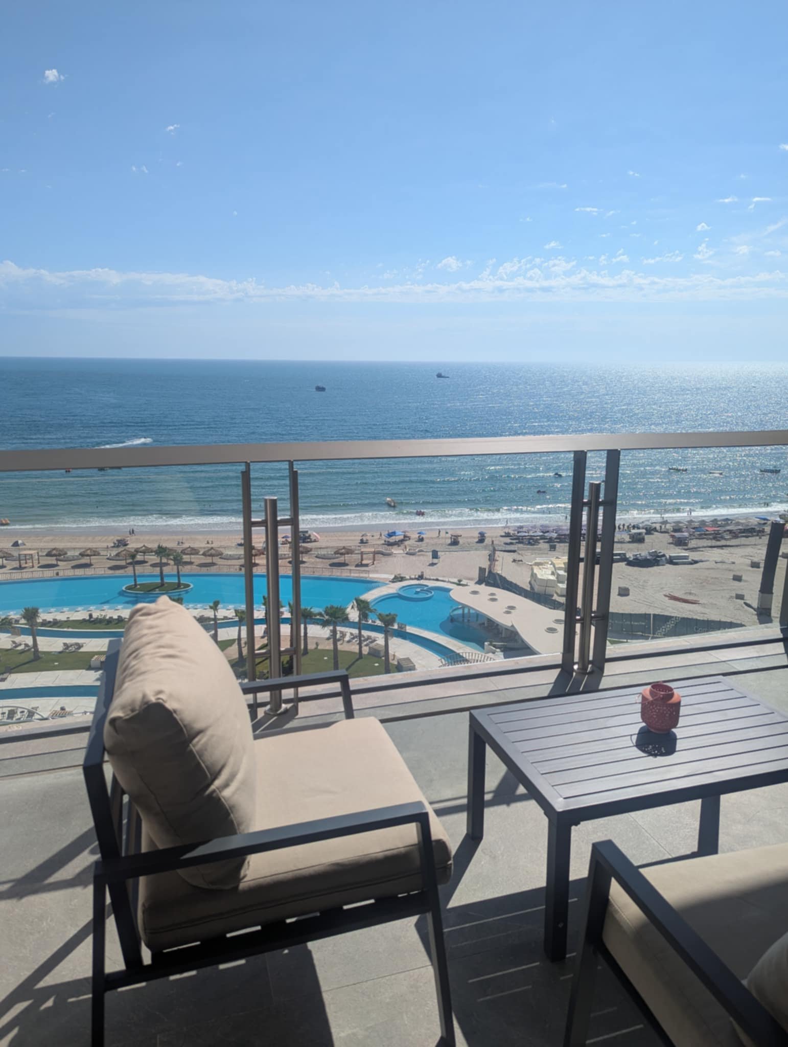 Private ninth-floor balcony overlooking resort pools, beach and the Sea of Cortez