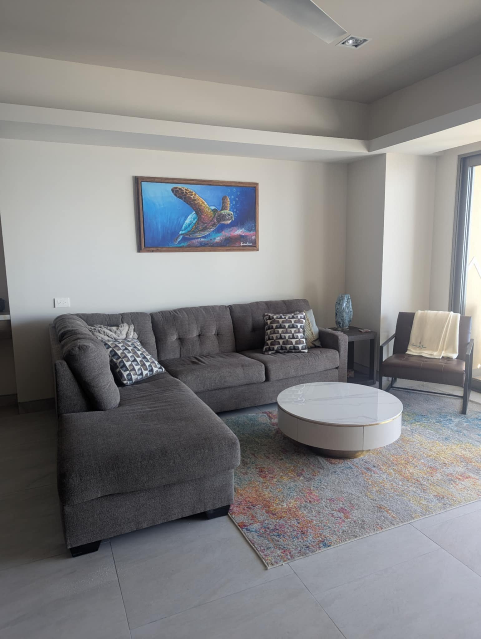 Bright living area with gray sectional sofa